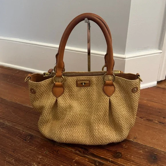 J.Crew Berkeley Small Shoulder Top Handle Straw Leather Bag Beige - Picture 1 of 12